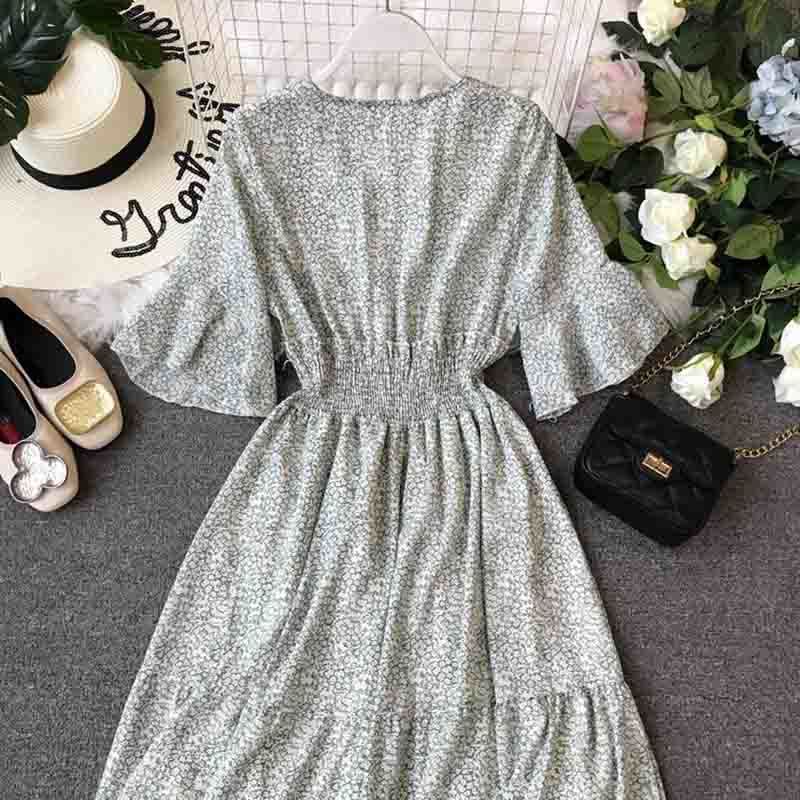 Fashion Summer Chiffon Dresses Women's Elastic Waist Print Long Dress Casual Ruffles Flare Sleeve Dress Party Vestidos 210521