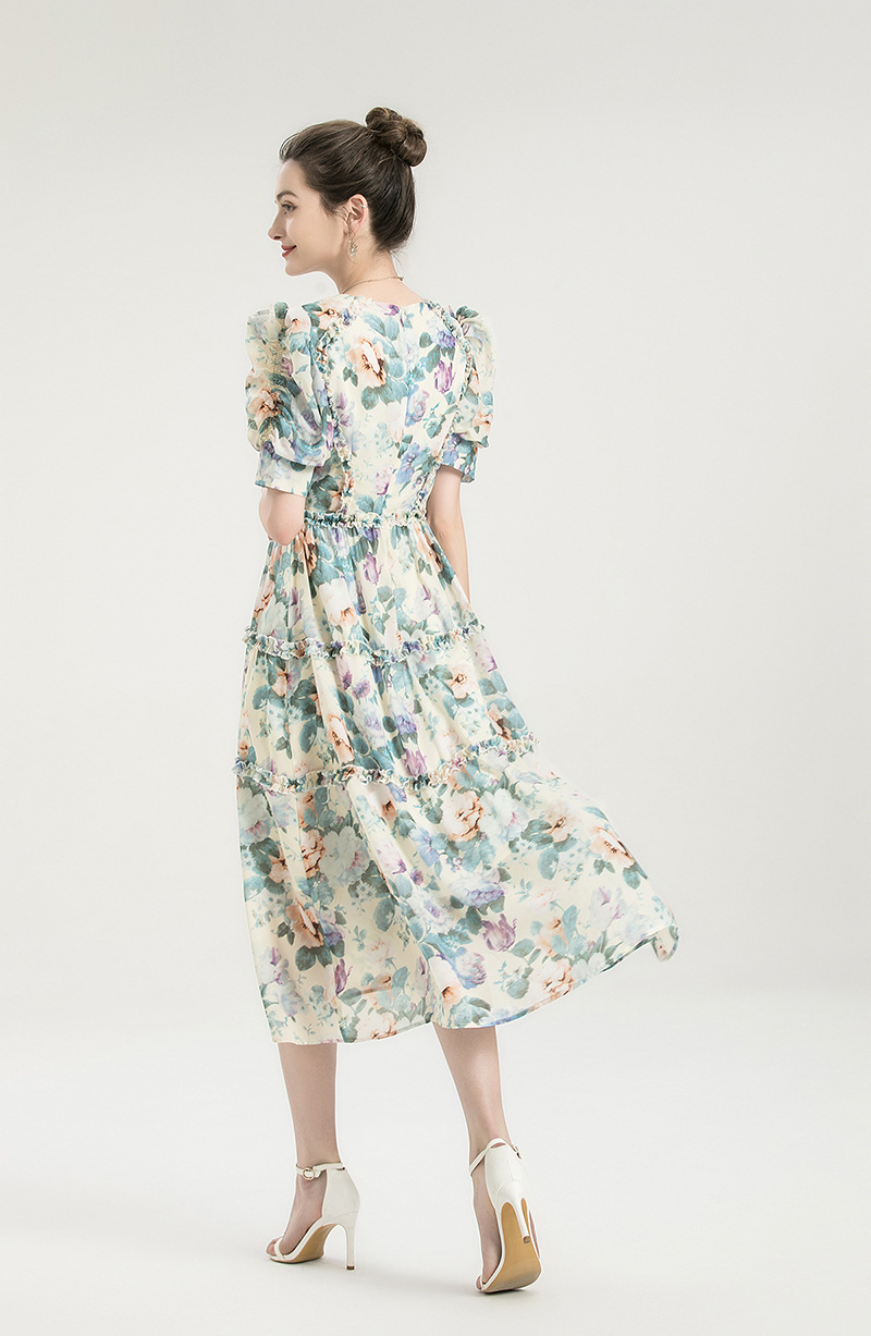 Women's Runway Dresses O Neck Short Sleeves Floral Printed Ruffles Elegant Fashion Mid Dress