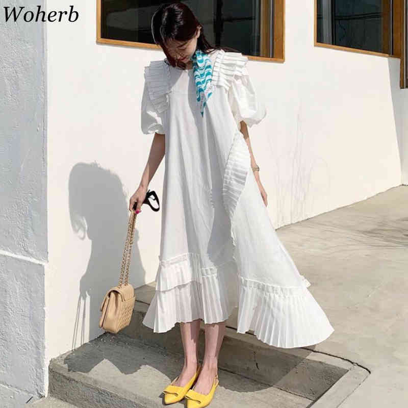 Retro Maxi Dress Ruffles Chic Short Puff Sleeve Female All Match High Street Fashion Vintage Elegant Long Pleated Dresses 210519