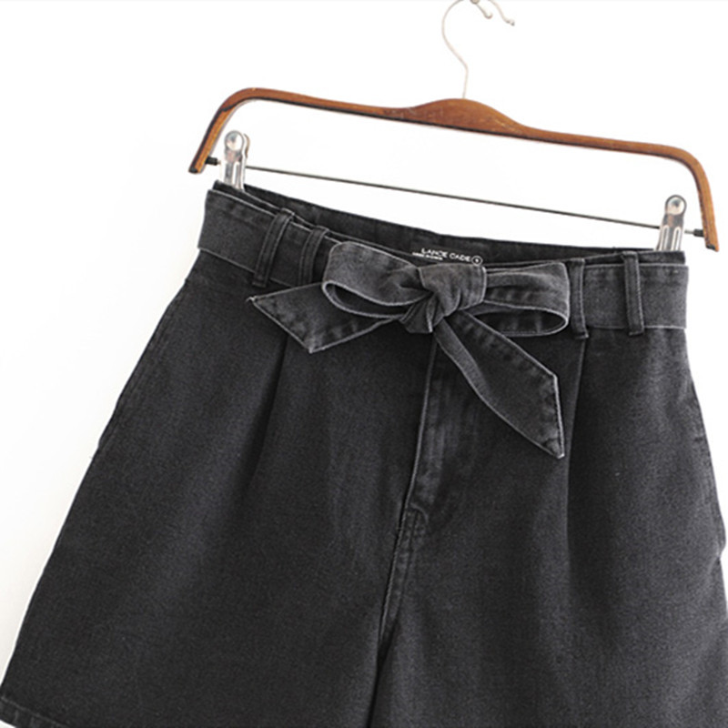 beauty Women Pocket Sexy Mini Denim Shorts Summer Bow Belt Wild Casual Washed Black 210514