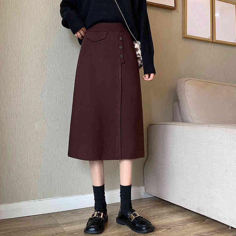 Nomikuma Autumn Winter Women Knitted Skirts Korean High Waist Elegant Sweater Skirt Causal A-line Midi Faldas Mujer 6D344 210427