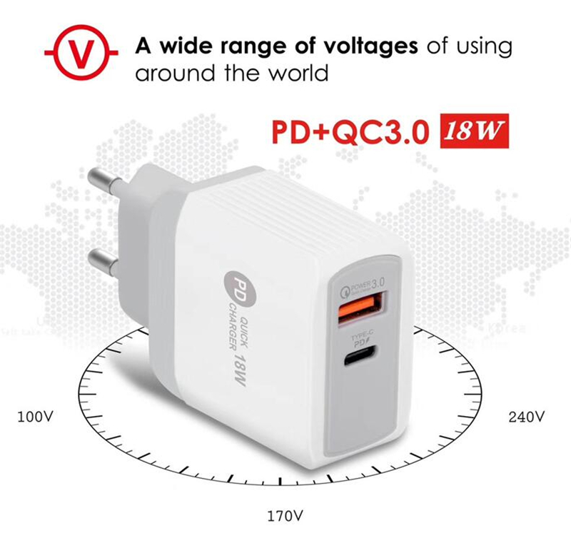 PD Type-C 18W Charger with QC3.0 Adaptive Fast Charging USB Mobile Phone Charger Dual Port Wall Travel Charger for Iphone XR Samsung S20 S10
PD Type-C 18W Charger with QC3.0 Adaptive Fast Charging USB Mobile Phone Charger Dual Port Wall Travel Charger for Iphone XR Samsung S20 S10