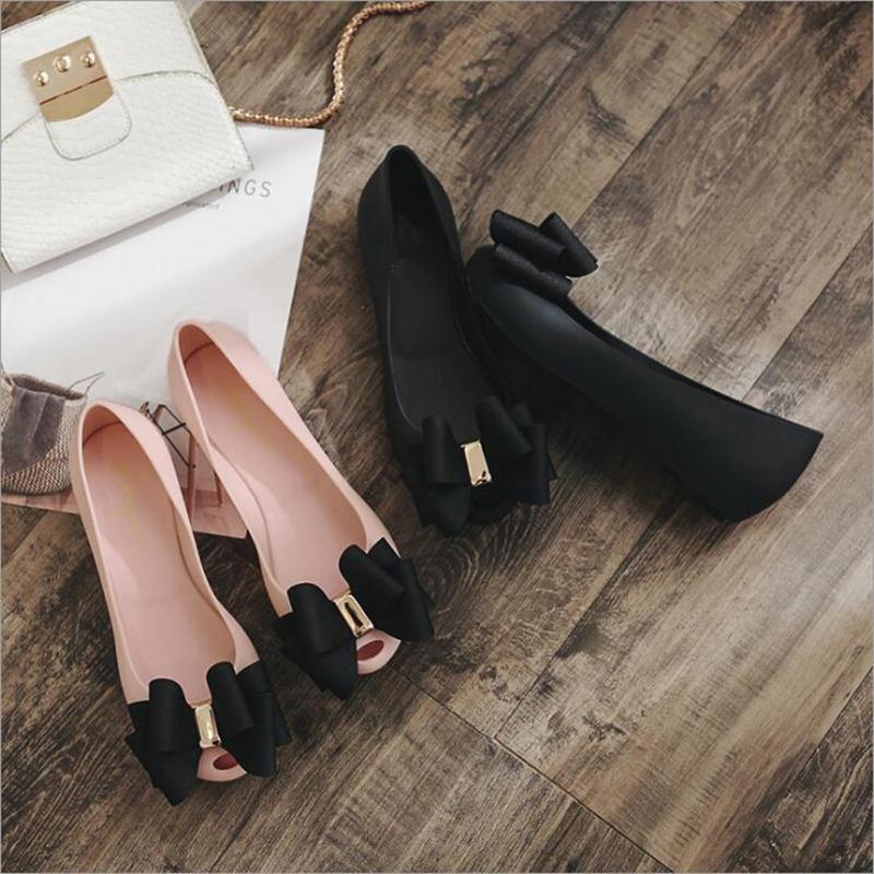 Sandals Summer 2021 Women's Shoes Bow Shallow Low Top Flat Heel Jelly Casual Holiday Peep Toe Beach Non-Slip Single