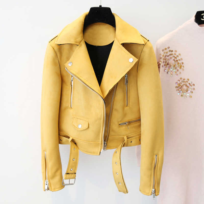 Ly Varey Lin Women Soft Suede Leather Motorcycle Jacket Turn-down Collar Female Short Coats Black Pink Army Green Punk Outerwear 210526