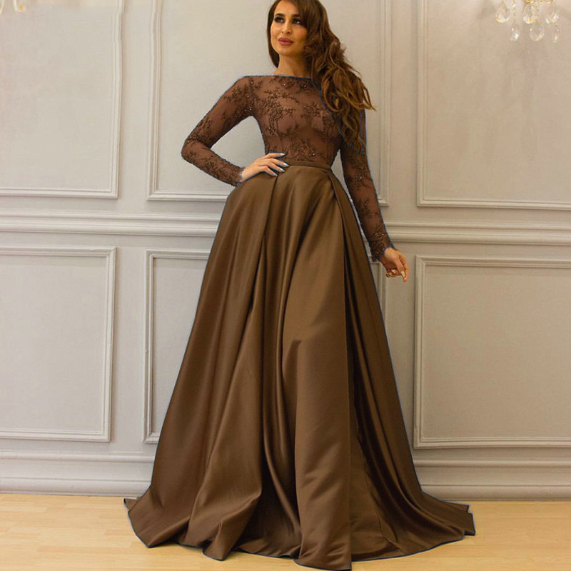Burgundy Muslim Satin Evening Dresses With Long Sleeve Jewel Neck Appliques Lace Prom Dress Dubai Formal Occasion Gowns Saudi Arabic Plus Size Vestido
