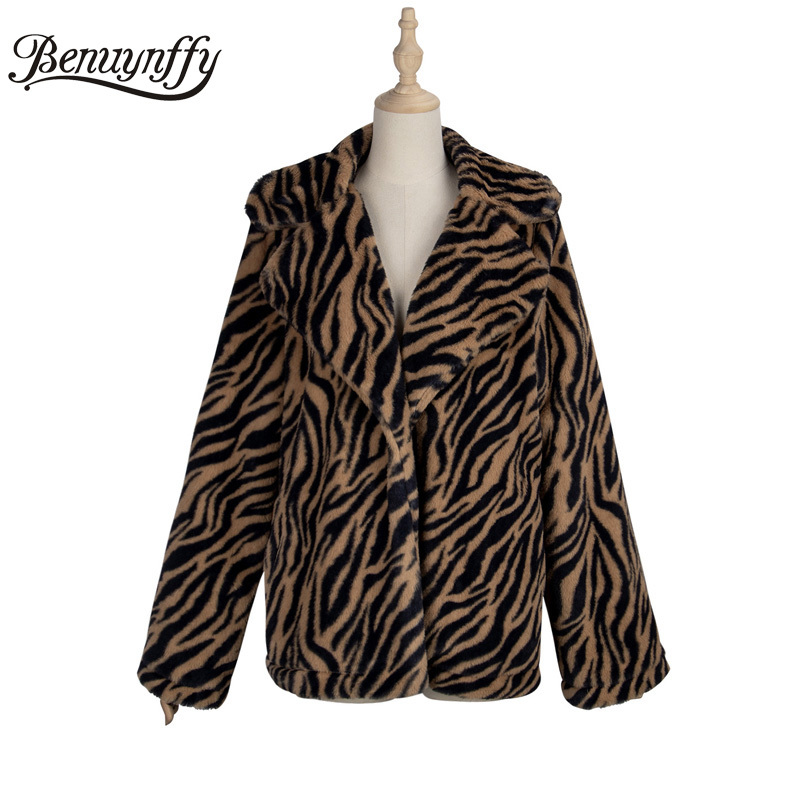 Animal Print Faux Fur Coat Women Autumn winter Lapel Jacket Fashion High street Ladies Casual Outwear Coats 210510