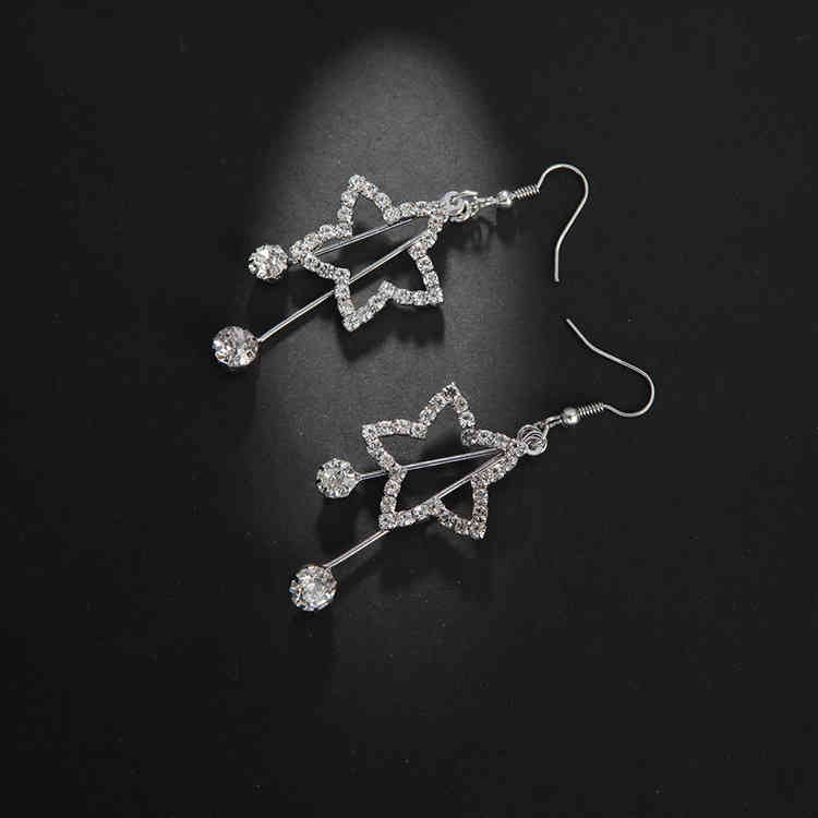 Charms Ear Stud Clip Rings Korean Shining Five Pointed Star Rhinestone Fashion Long Temperament Pendant Exaggerated Water Drop