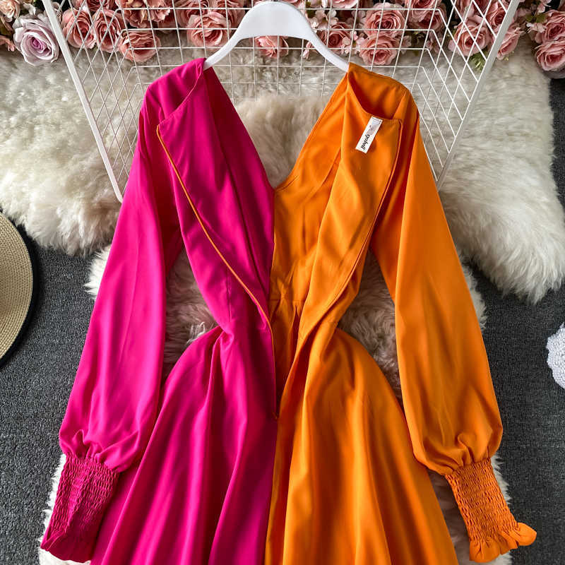 Spring Summer Fashion Color Block Holiday Dres Lantern Sleeve V-Neck Contrast Fold Crossing Ladies Long 210623