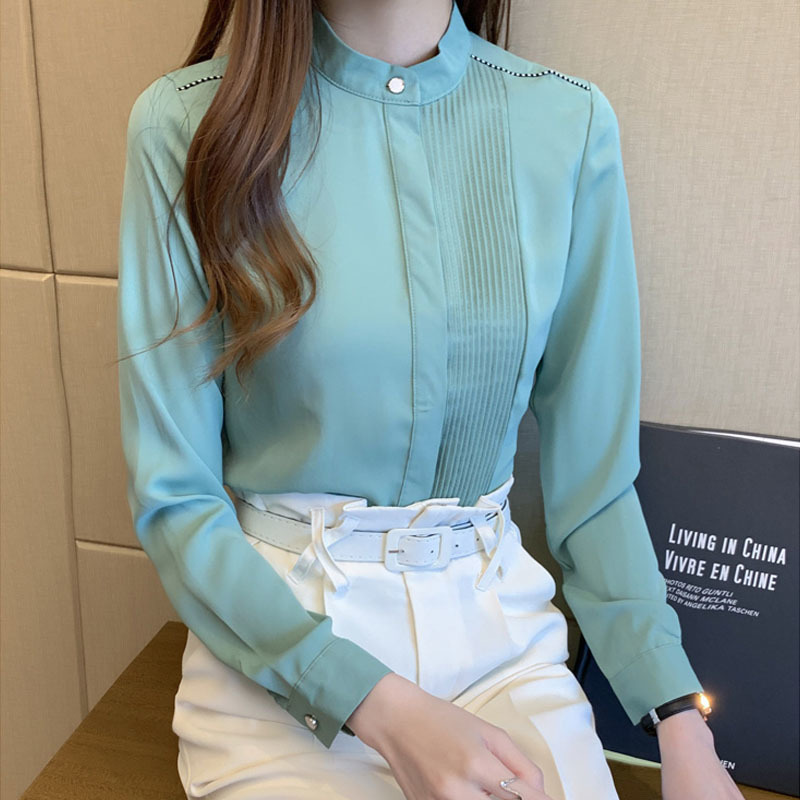 Spring Women's Shirt Korean Style Pleated Long-sleeve Office Lady's Top Fashion Bottoms Blusas Mujer 13931 210427