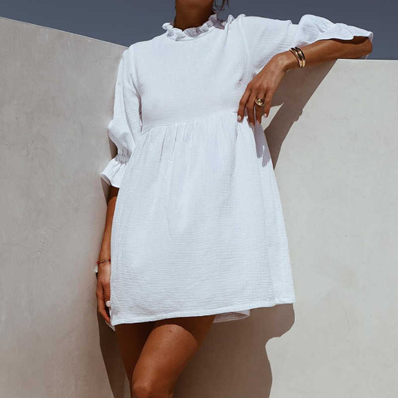 Women Mini Dress Casual Stand Collar Ruffles Half Sleeve Elastic Breathable Loose Streetwear Outfits Elegant Solid A-line Dress 210630