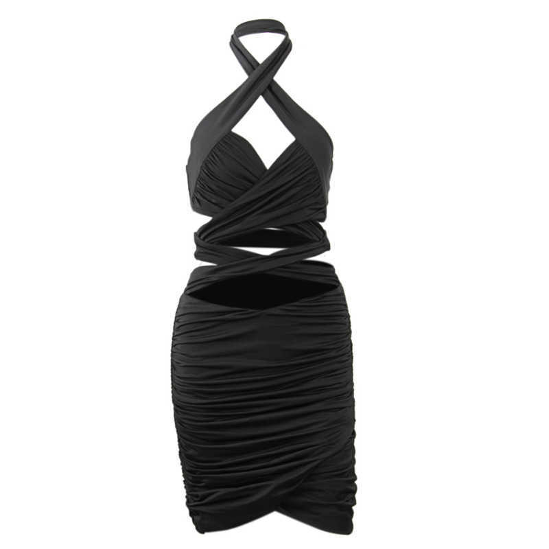 DEAT Women Hanging Neck Double-layer Cross Hollow Pleated Tight-fitting Dress Sexy Fashion Spring Summer 11D1109 210709