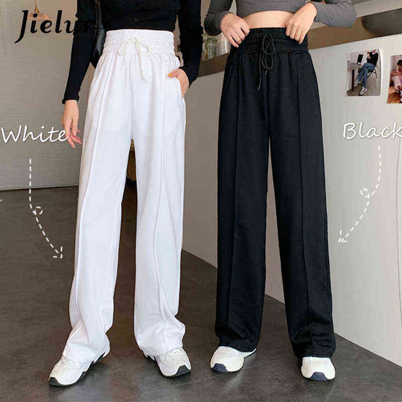 Jielur High-waisted Pants Drawstring M-XL Wide Leg Women Cool Black White Casual Harajuku BF Sweatpants Trousers 211115