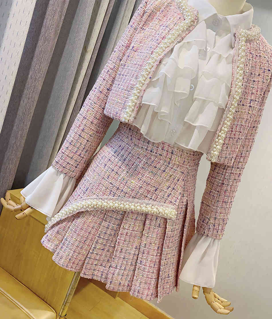Free Elegant Tweed Three-piece Beaded Women's Set Cardigan Jacket & Ruffled Shirt A-line Skirt Party Autumn 210524