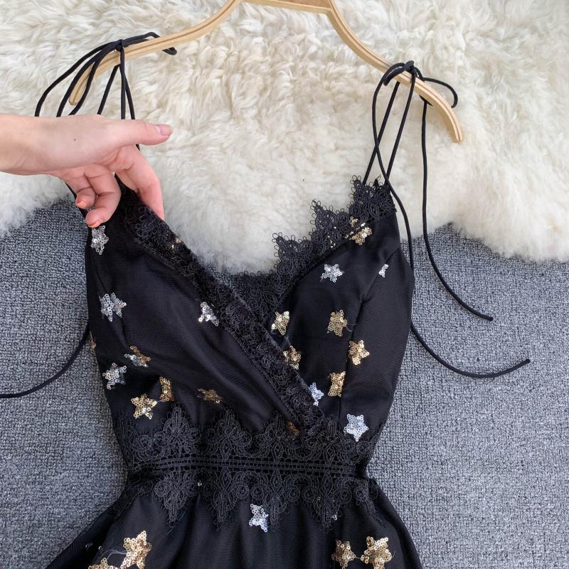 Vintage Party Dress Mesh Lace Sequined A-line Sexy Dresses Summer V-neck Stars Vestidos Zipper Clothing 210521