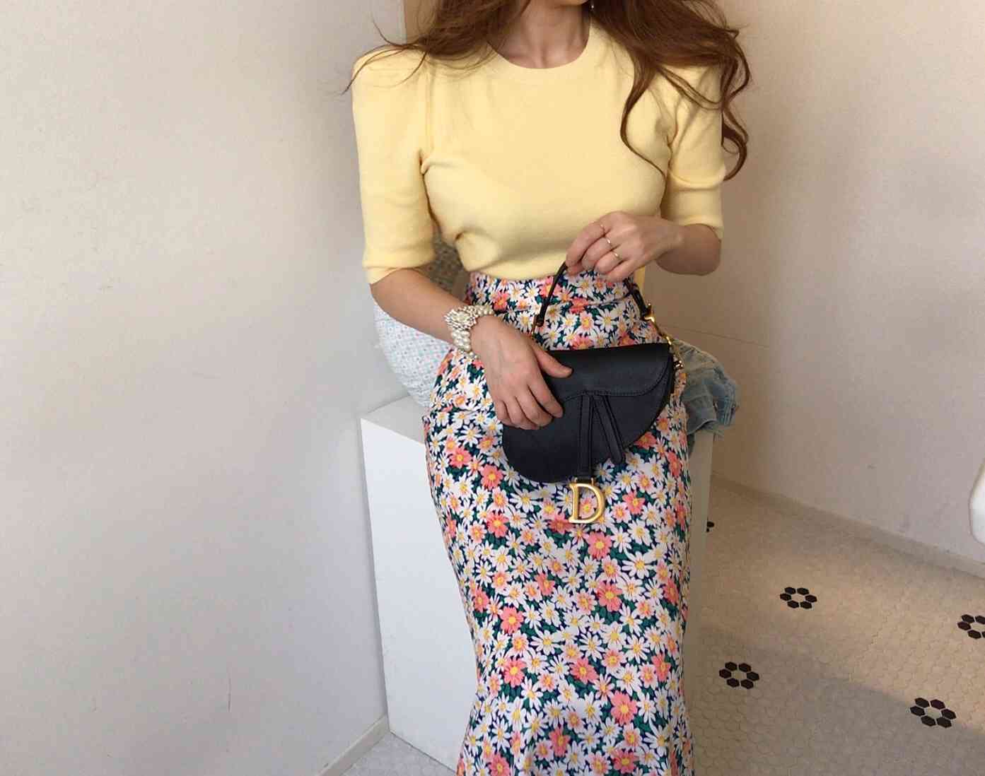 Fashion 2 Piece Set summer Women Knitted O Neck Puff Sleeve T Shirts + High Waist Floral Print Long Skirt 210519