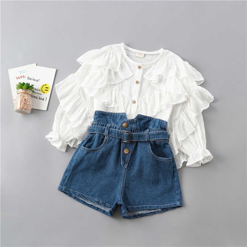 2-7 years high quality girl clothing set Spring fashion tiered ruched solid shirt + denim pant kid children clothing 211021