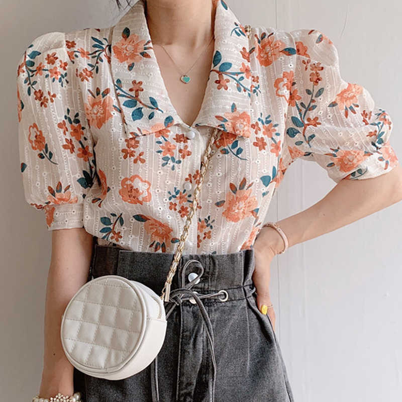 Korejpaa Women Shirt Summer Korean Chic Ladies Lapel Single-Breasted Embroidered Cutout Loose Floral Puff Sleeved Blouses 210526