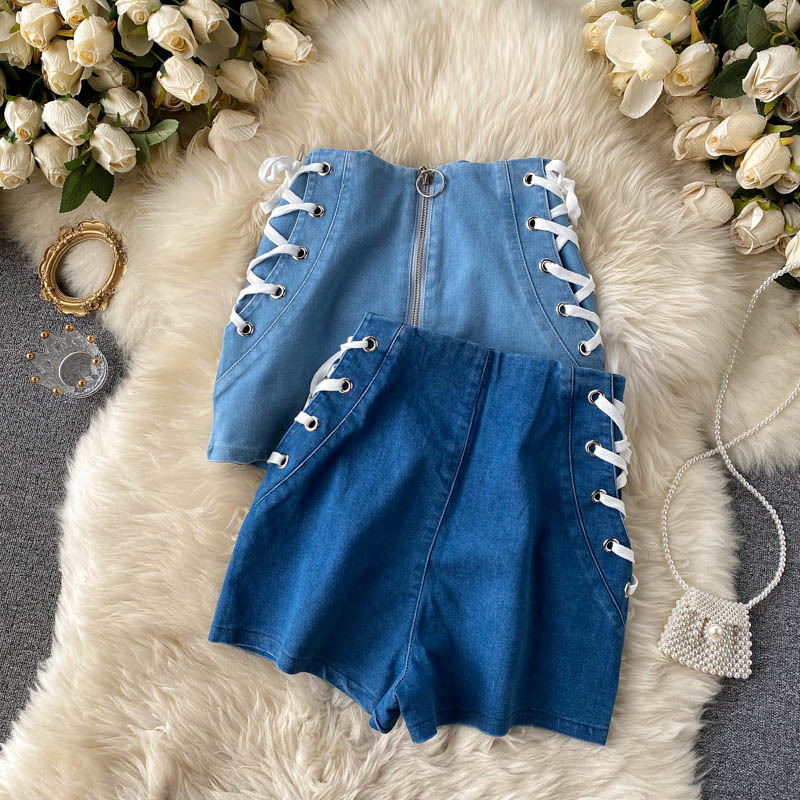 Nomikuma Korean Cross Bandage Women Jeans Shorts Zipper High Waist New Wide Leg Demin Short Causal Fashion Bottoms 6D618 210427