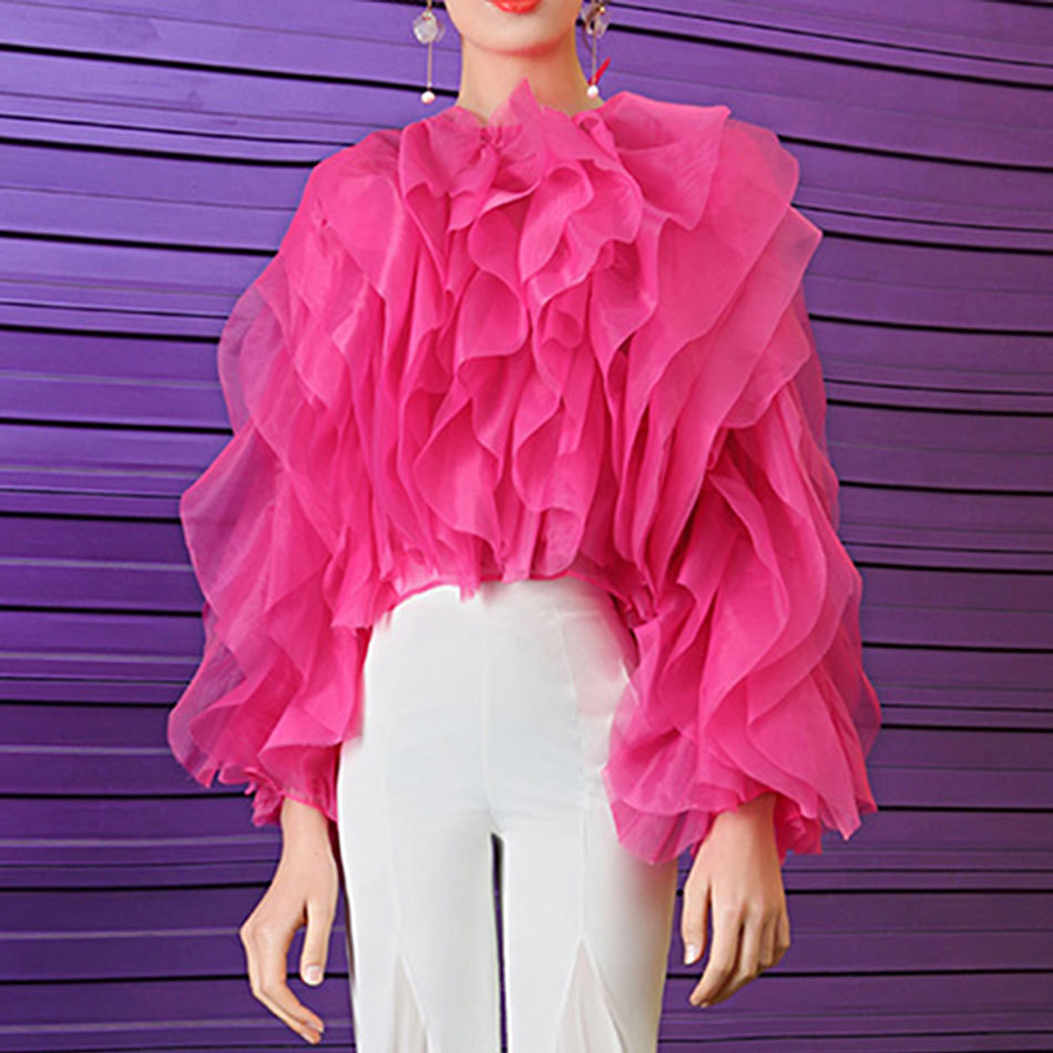 Free Autumn Women's Rose Red Mesh Top Sexy Round Neck Lantern Sleeve Loose Irregular Laminated Petal Party 210524