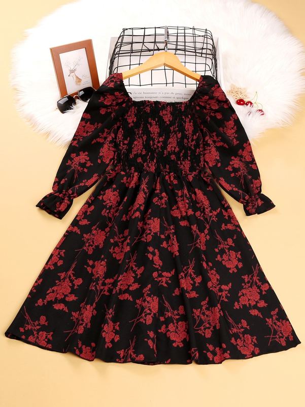 Girls Floral Print Flounce Sleeve Shirred Dress SHE