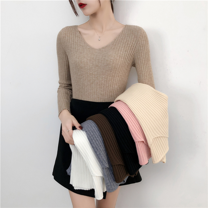 Autumn and Winter V-neck Long Sleeve Bottoming Sweater Korean Slim Elasticity Knitted Pullover Knitwear Tops 10309 210427