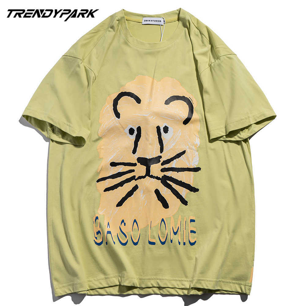 Men's Hip Hop Streetwear T Shirt Funny Lion Print T-Shirt Harajuku Cotton Summer Loose Short Sleeve Tshirt Tops Clothing 210601