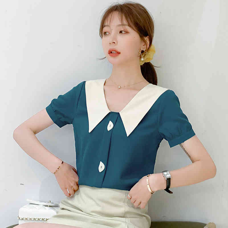 Casual Chiffon Blouses Korean Summer Women Tops Short Sleeve Shirts Solid Back Blow V-neck s Clothing bluasa 9094 210506