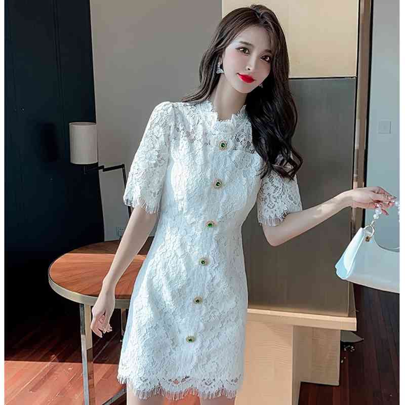 Women's Summer Dress Ladies Puff Short Sleeve Lace Hollow Out Elegant Mini Female Stand Collar Diamond Button Vestidos 210520