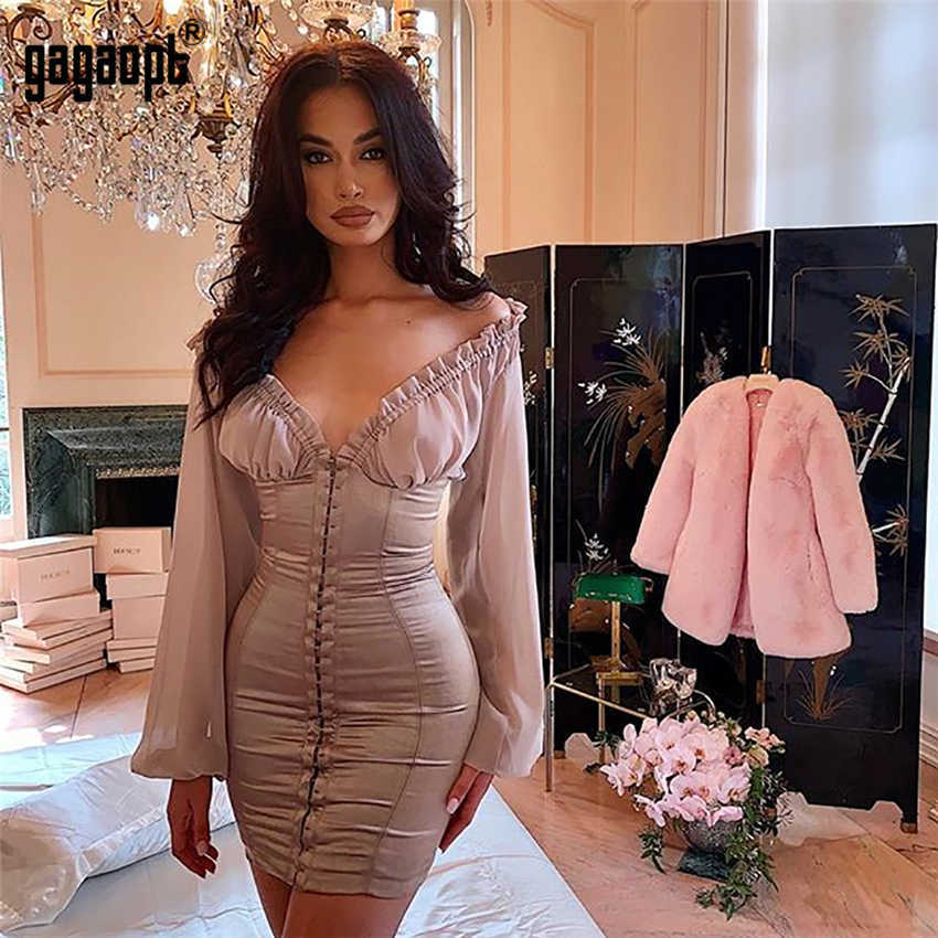 Ruffle Bodycon Dress: Long Sleeve Patchwork Khaki Party Dress For Women (Q190530)