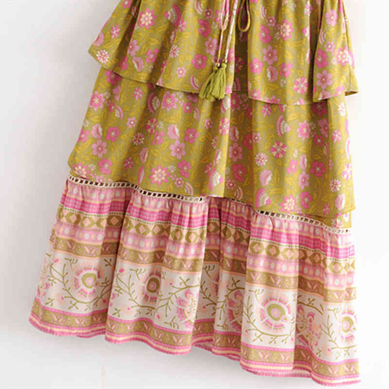 beauty Holiday Chic Floral Print Midi Dress Women Boho Style Fashion Cascading Ruffle Hollow Out Dresses Female 210514