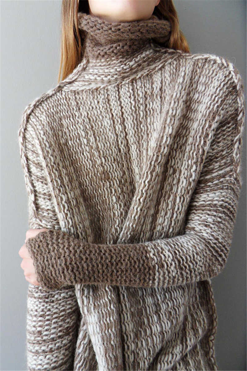 Qooth Office Lady Fashion Turtleneck Sweater Womens Autumn Winter Long-Sleeved Mid Length Loose Pullover QT673 210609