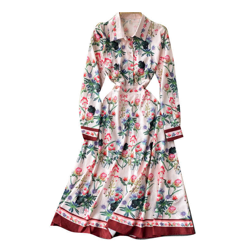 LY VAREY LIN Spring Autumn Turndown Collar High Waist Mid Calf Women Dresses Casual Solid A Line Floral Print Dress 210526