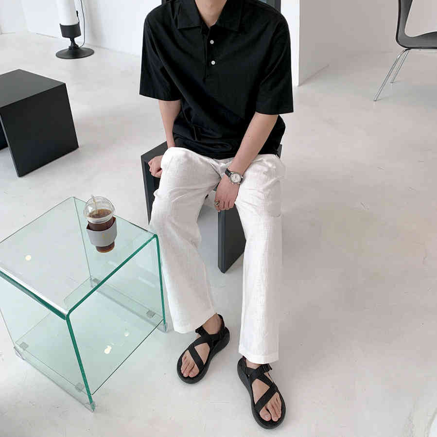 IEFB Korean Lapel Polo Shirt Loose Fitting Summer Linen Short Sleeve Men's Clothing Trend Pullover Tee Tops Black White 9Y7686 210524