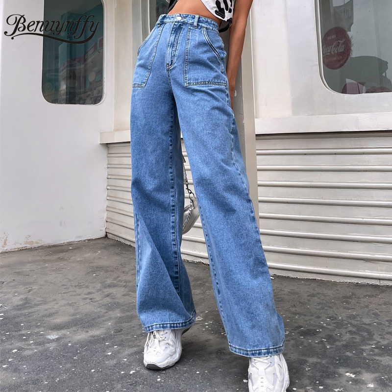 Button Fly Solid Wide Leg Jeans Women Spring Summer Big Pocket Denim Pants Casual Street Ladies High Waist 210510