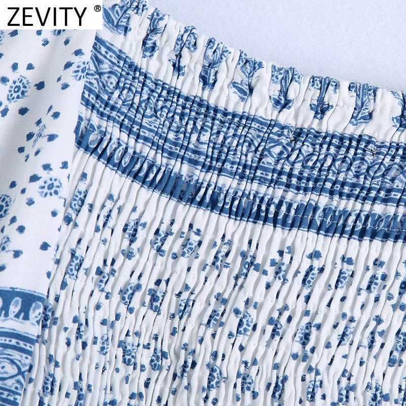 Zevity Women Vintage V Neck Patchwork Floral Print Short Shirts Female Elastic Pleated Slim Blouse Chic Ruffles Crop Tops LS9346 210603