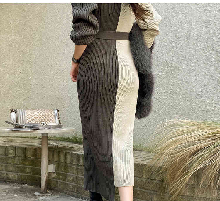 Korea Autumn Winter Women Hit Color Patchwork Long Sleeve Knit Sweater Maxi Dresses Female Clothes Robe Vestidos 210519
