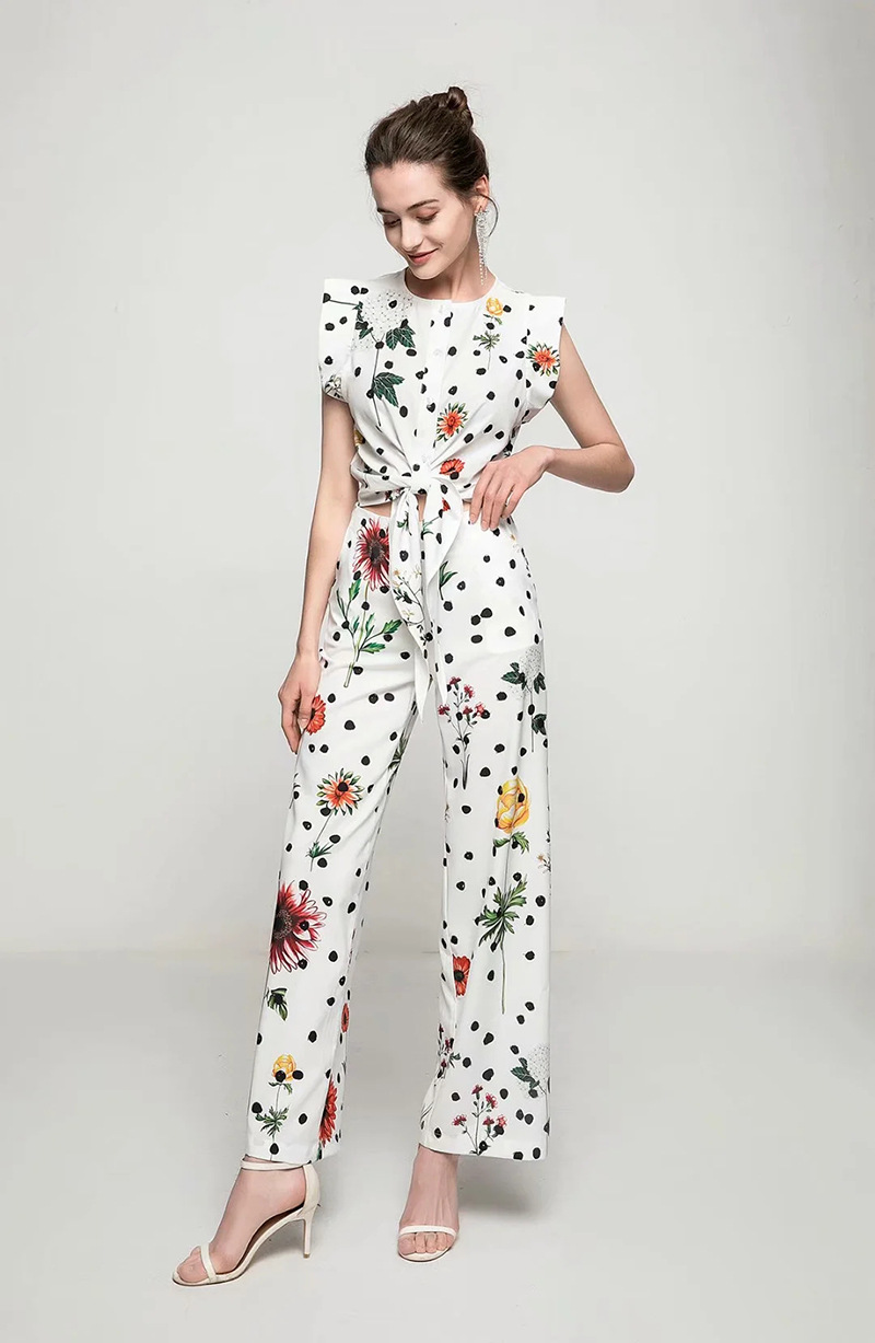 Women's Two Piece Pants Sets O Neck Flare Sleeves Lace Up Blouse with Printed Long Pant Fashion Runway Twinsets