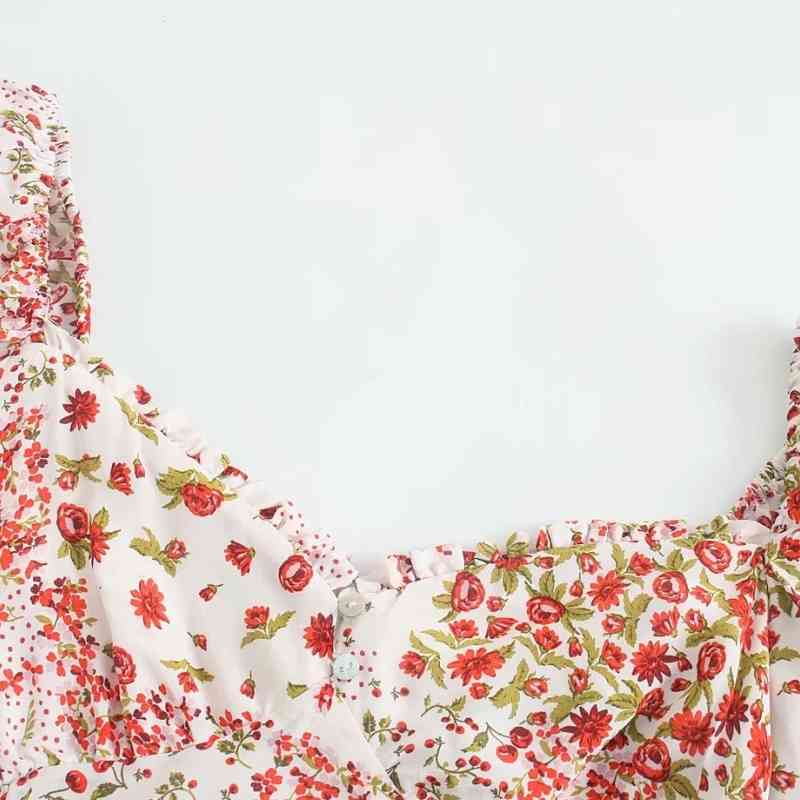 Summer Women Patchwork Print Side Slit Midi Dress Female Square Collar Puff Sleeve Clothes Casual Lady Slim Vestido D7728 210430Z