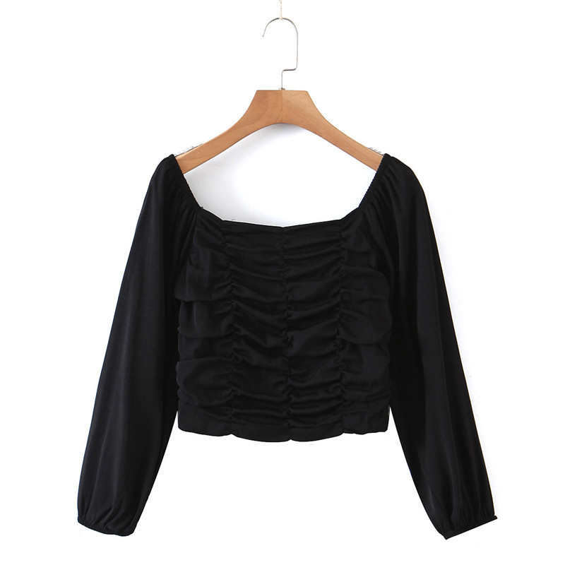Spring Vintage Square Collar Simple Solid Pleated Elastic Slim Long Sleeve Short Blouse Crop Top Women 210514