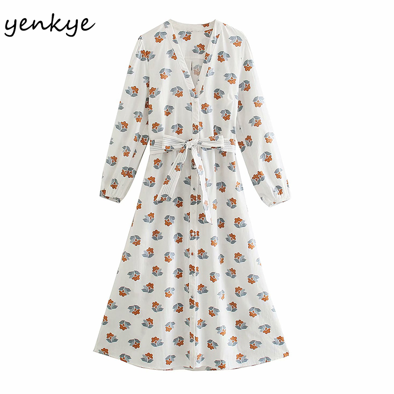 Spring Women Floral Print Midi Dress Female Long Sleeve V Neck With Belt Casual Plus Size Vestido 210430