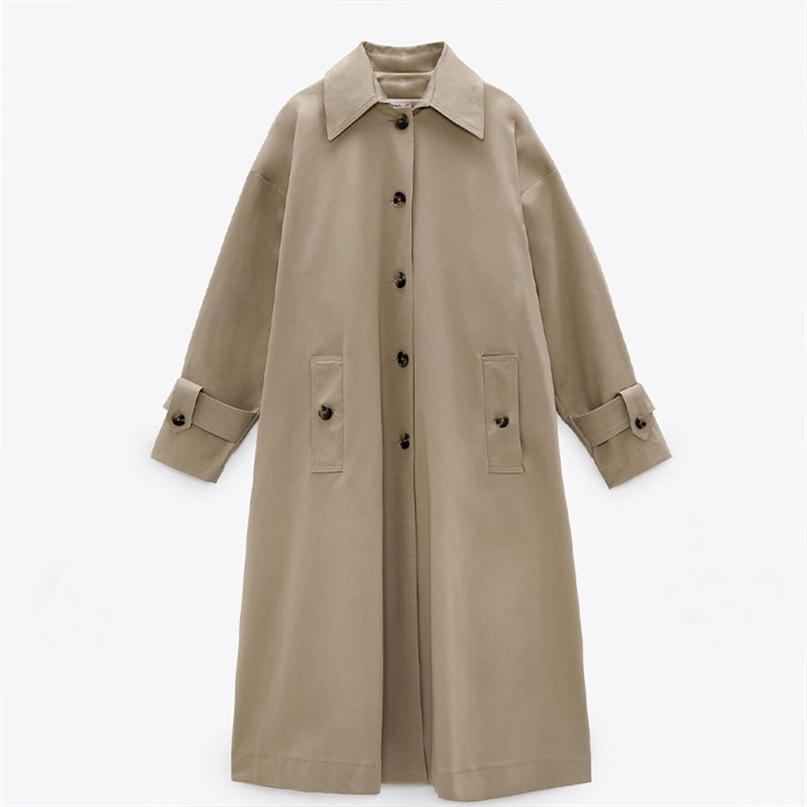 Spring and Autumn women's lapel button pattern mid-length windbreaker coat 210820