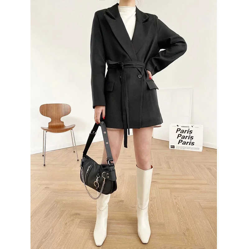 Women Fashion Office Wear One Button Blazers Coat Vintage Long Sleeves Female Black Slim Chic Outerwear With Belt XITIMEAO 210602
