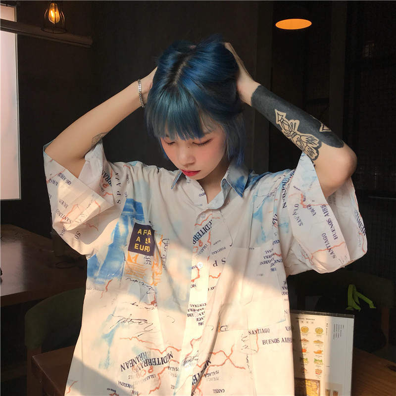 Neploe Harajuku Streetwear Blouse Shirt Short Sleeve Turn-down Collar Top Digital Printing Woman Man Oversized Shirts 37776 210317