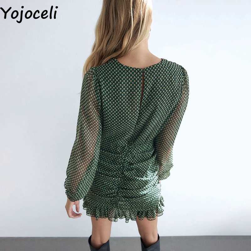 Yojoceli Elegant v neck print ruffle short pleated dres Autumn casual cool chiffon 210609