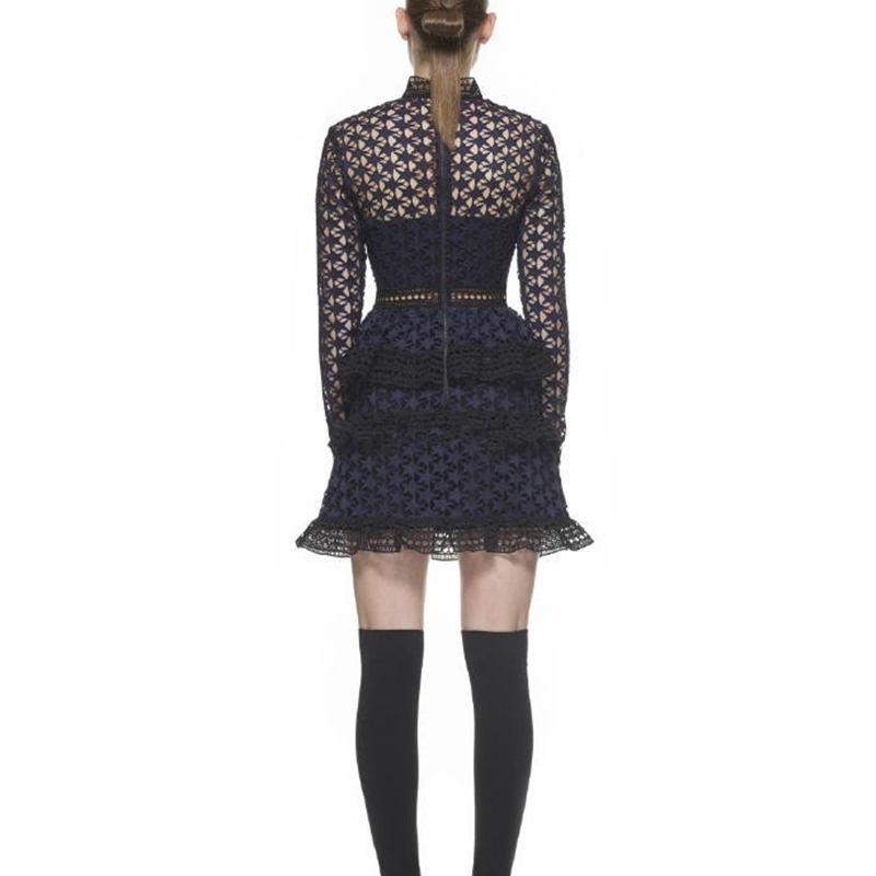 Arrival Spring Red/Blue/Party Lace Hollow Out Dress Women Long Sleeve Vestidos 210520