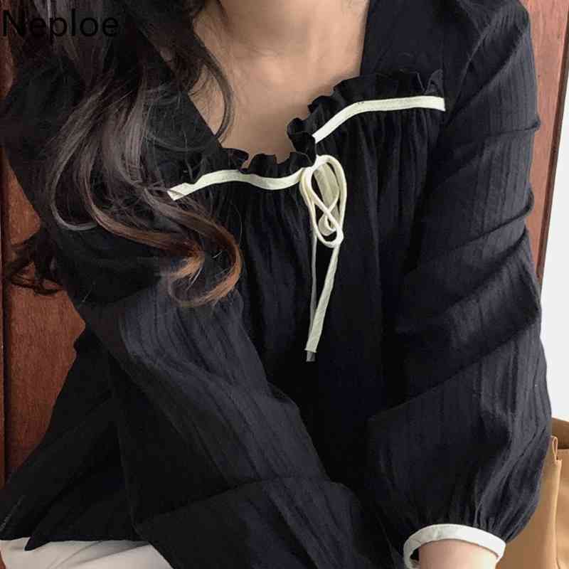 Neploe Tops Female Square Neck Blouse Women Spring Ruffles Jacquard Blouse Elegant White Blusas Sleeve Long-sleeve Shirt 4h742 210422