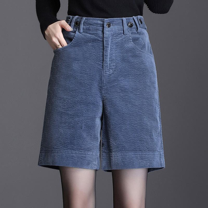 Winter Fall Casual Women Female Elastic High Waisted Blue Beige Black Corduroy Shorts , Korean Fashion 4xl For Woman Women's