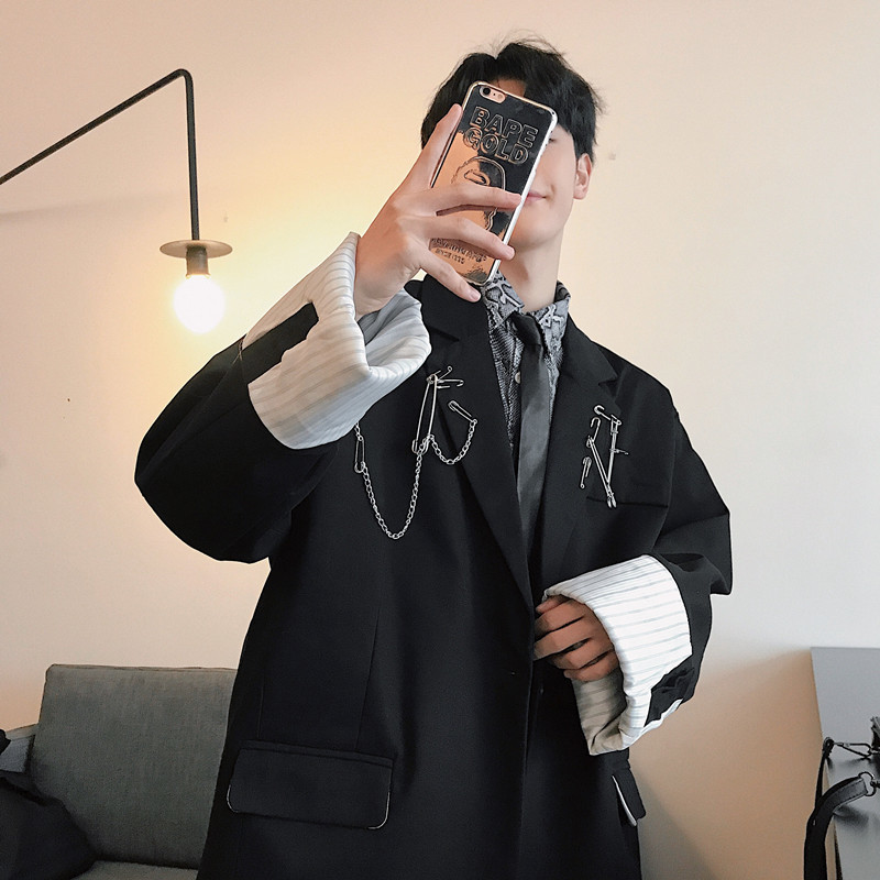 IEFB /men's wear streetwear korean fashion Small Suit Loose Handsome casual black blazers Chain pin decoration black coat 9Y1276 210524