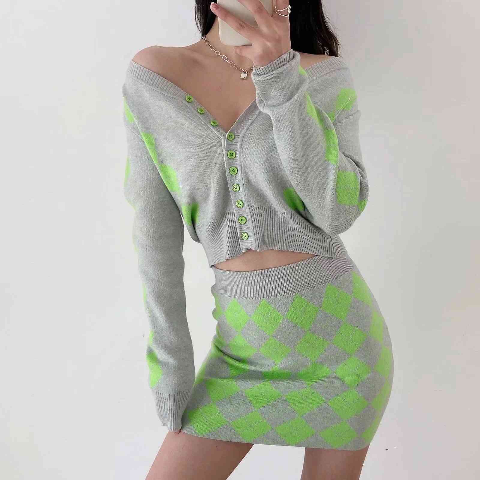 90s Vintage Argyle Plaid Knitted Cropped Cardigan 2 pcs 1 Set Crop Women Sweater Package Hips Mini Skirt Y2K Knitwear 210429