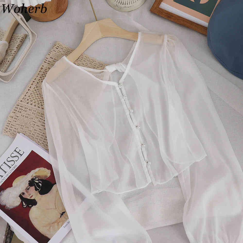 Korean Crop Tops Women Thin See Through Sunscreen Shirts Cardigan Hollow Out Backless Blusas Long Sleeve Chic Blouses 210519